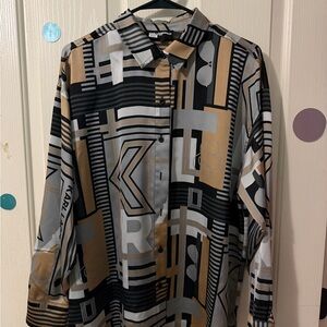 Karl Lagerfeld Black, Gray, Tan Geometric Print Button-Up Blouse